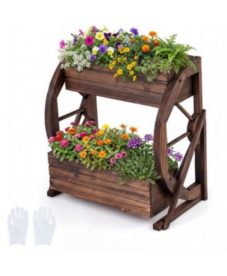 2-Tier Rustic Carbonized Wood Wagon Planter with Drainage Holes