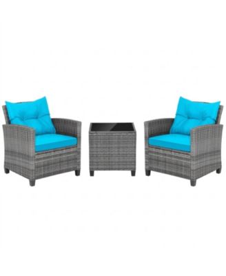 3-Piece Wicker Conversation Set with Tempered Glass Side Table