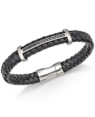 Esquire Men's Jewelry Diamond (1/4 ct. t.w.) T-Bar Bracelet in Black Leather and Stainless Steel, Only at Macy's