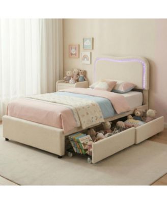 Twin Boucle Bed Frame with 2 Storage Drawers and LED Headboard, Upholstered Platform for Kids