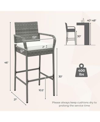 Set of 2 Rattan Patio Bar Stools Outdoor Bar Height Chairs w/ Cushions