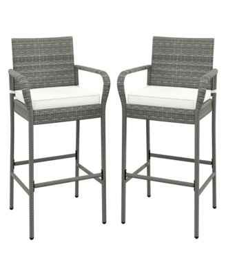 Set of 2 Rattan Patio Bar Stools Outdoor Bar Height Chairs w/ Cushions