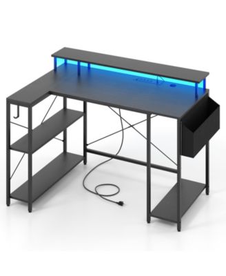 L-Shaped Gaming Desk with LED Lights and Power Outlets