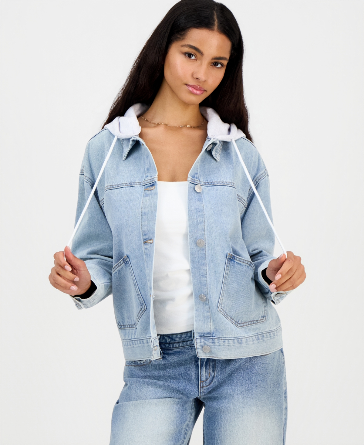 Madden Girl Juniors' Hooded Denim Jacket - Lt Wash