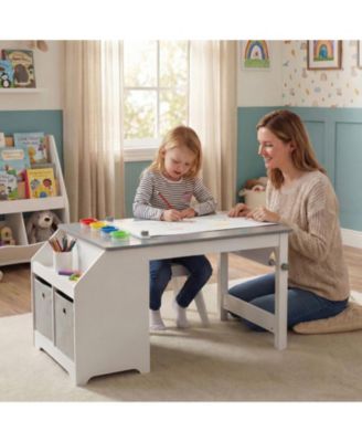 Kids Art Table and Stool Set with Paper Roll and 4 Paint Cups