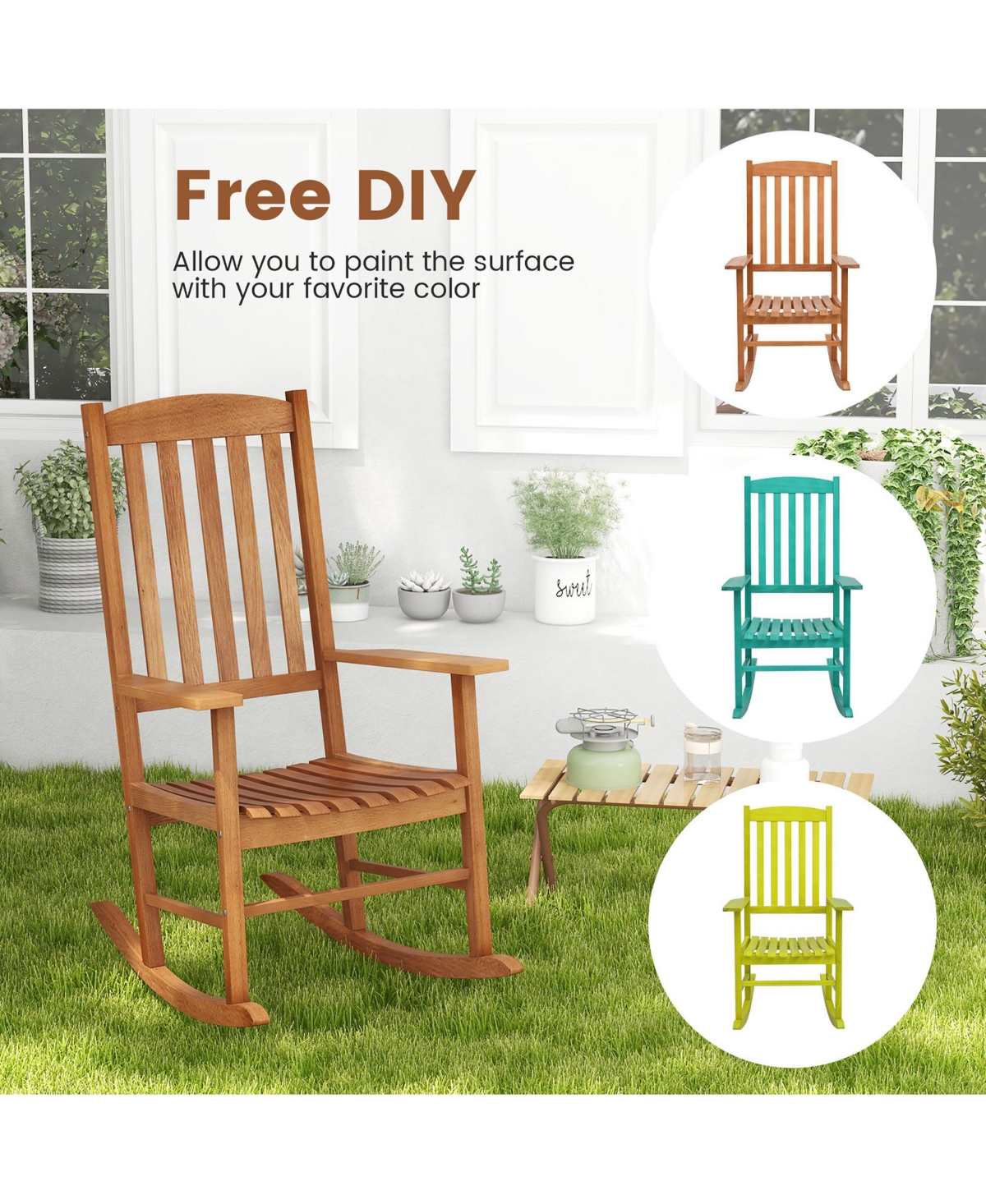 Gymax Patio Rocking Chair w/ 400 lbs Weight Capacity Eucalyptus Wood Porch Rocker w/ High Back
