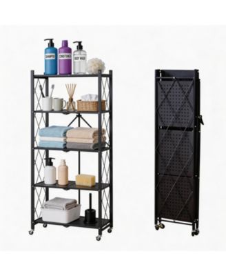 5-Tier Foldable Metal Storage Cart with Wheels - Rolling Utility Shelf, for Bathroom, Laundry Room