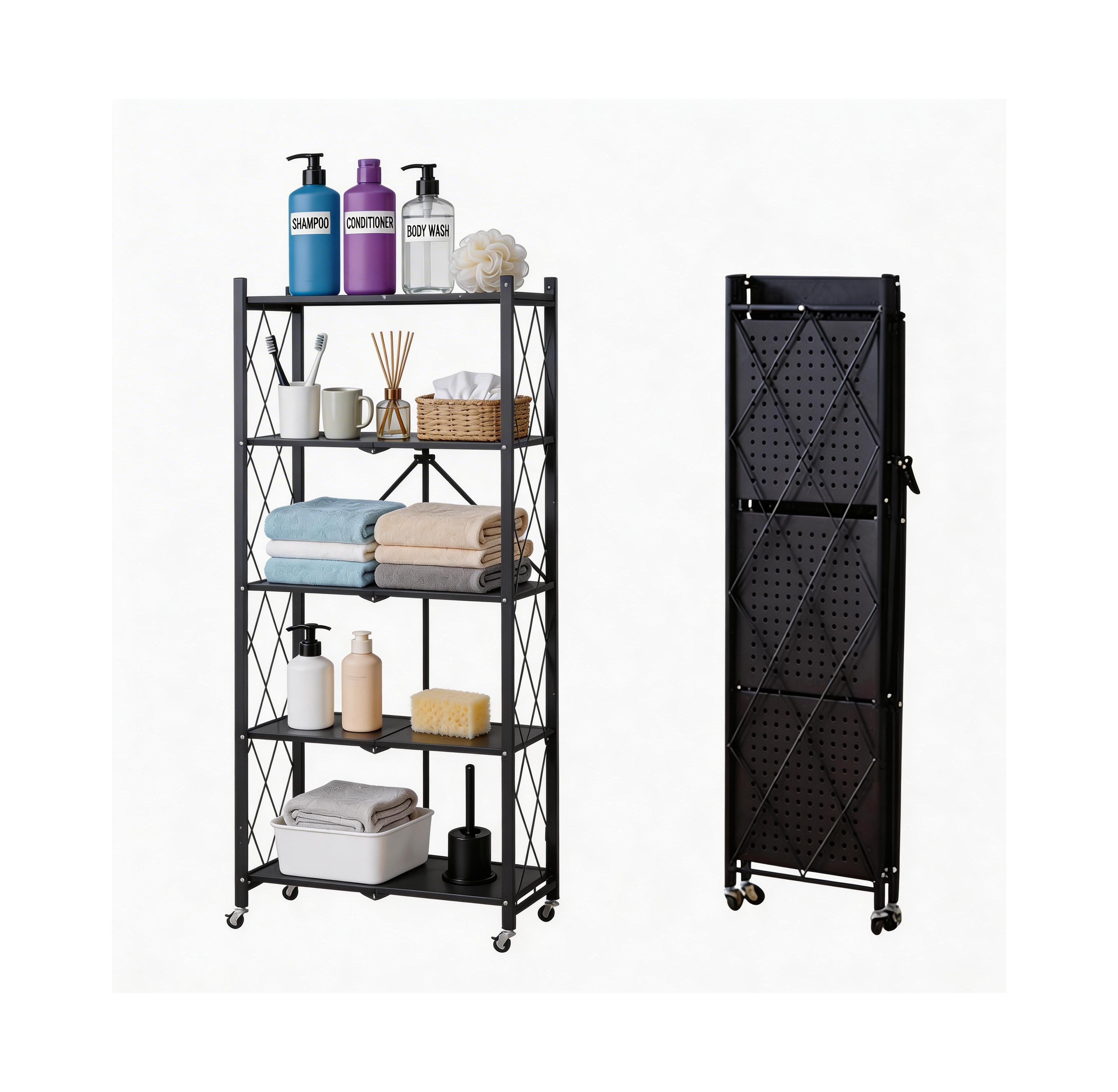 Homfan 5-Tier Foldable Metal Storage Cart with Wheels - Rolling Utility Shelf, for Bathroom, Laundry Room