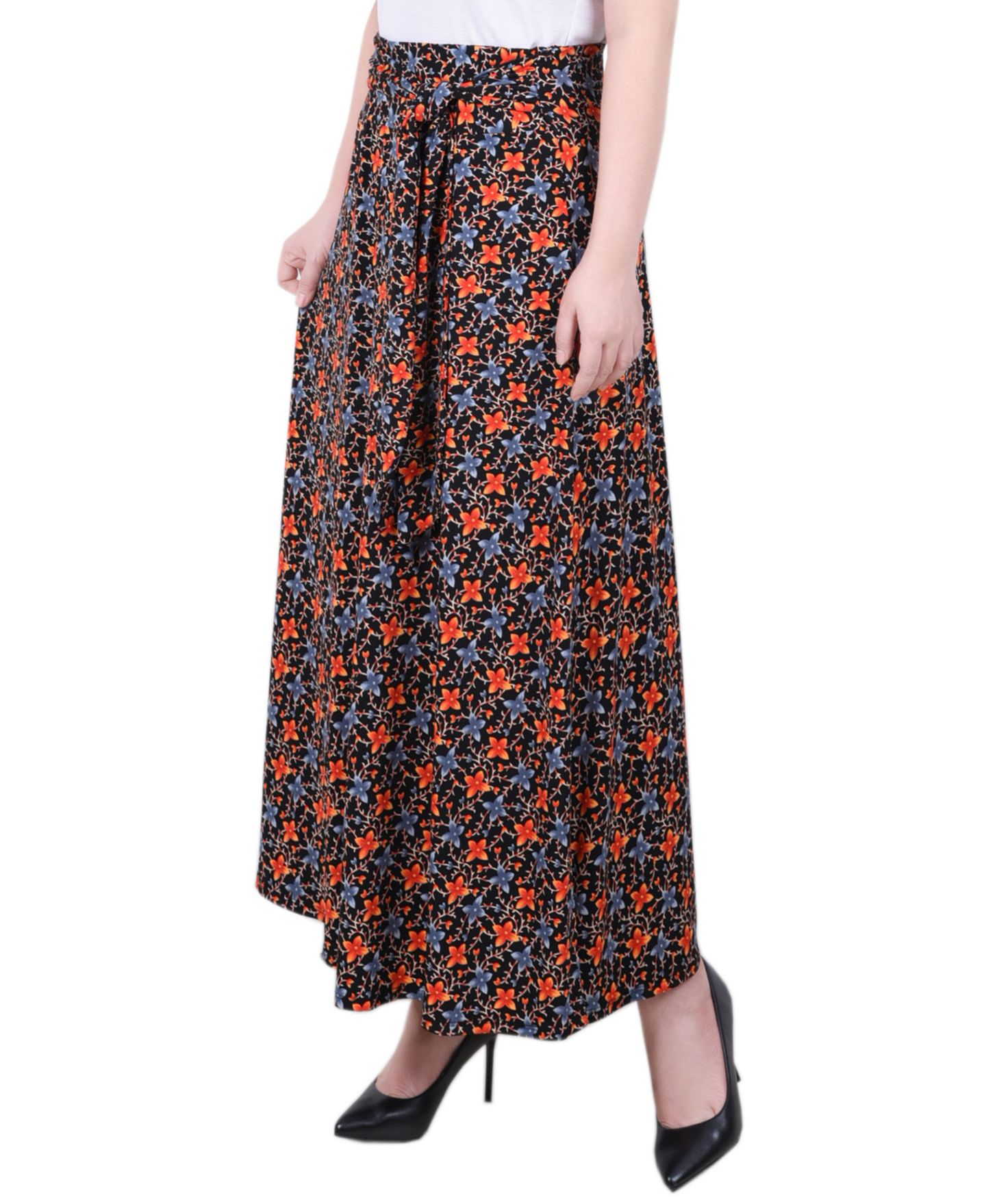 Женская юбка NY Collection Maxi Skirt With Sash Waist Tie, цвет: Чёрный оранжевый с принтом — фото 2