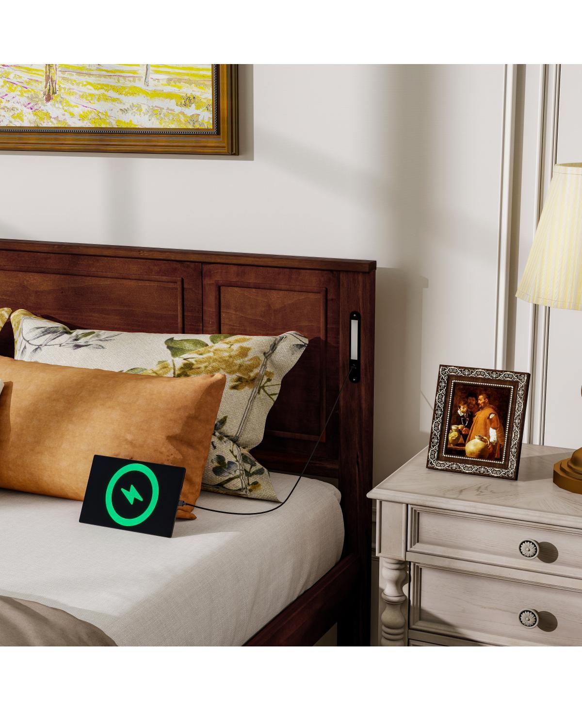 Streamdale Furniture King Led Usb Pinewood Bed w/ Tall Headboard/Footboard