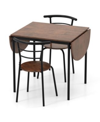3-Piece Drop Leaf Dining Set with Adjustable Table and 2 Metal Chairs