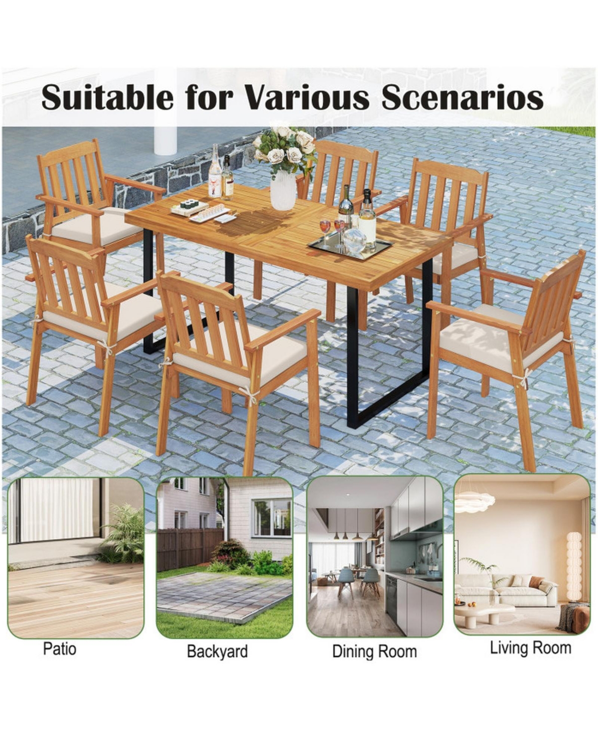 Gouun 6-Piece Patio Dining Set with 63 in Acacia Wood Table, 4 Armchairs and Backless Bench