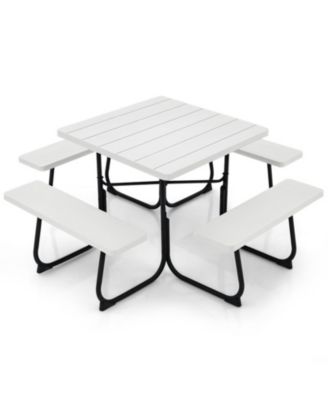 Square Outdoor Picnic Table with 4 Built-in Benches and Umbrella Hole, HDPE Top