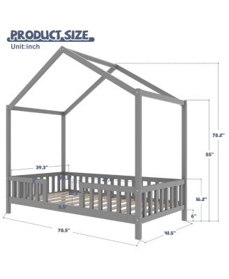   Montessori House Floor Bed with Canopy and Railings