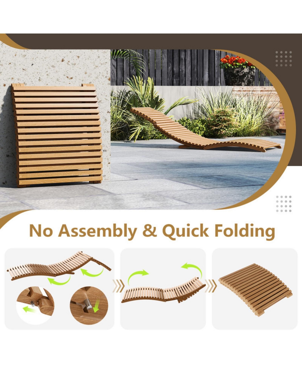 Gouun Teak Wood Folding Patio Chaise Lounge with Slatted Seat