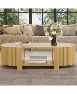 47" Fluted Oval Center Table, Mid Century Modern Coffee Table with Storage Shelves and 2 Open Doors for Home Living Room