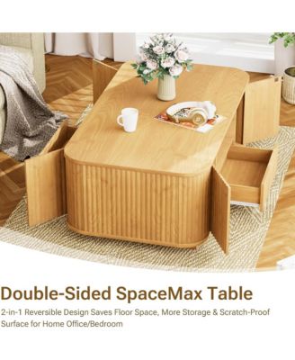 46.5" Fluted Wooden Oval Coffee Table - Center Table with Drawers, Hidden Storage Cabinets and Open Shelf for Living Room