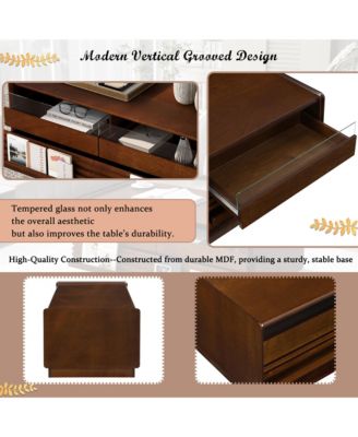 47.2 Inch Modern Wooden Rectangular Coffee Table, Fluted Center Table with 4 Drawers and 2 Open Display Shelves for Living Room