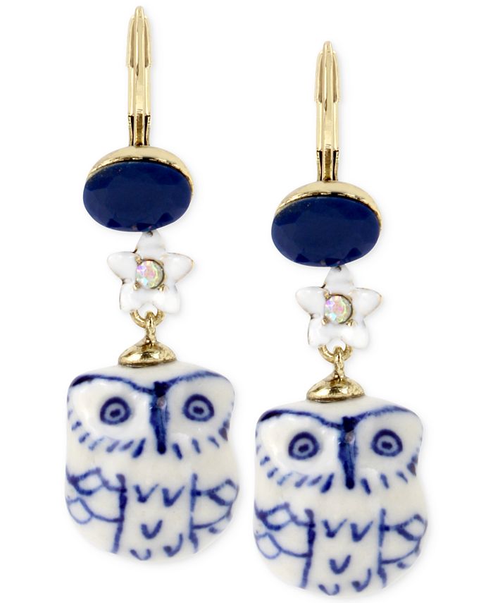Betsey Johnson Gold-Tone Blue and White Ceramic Owl Drop Earrings - Macy's