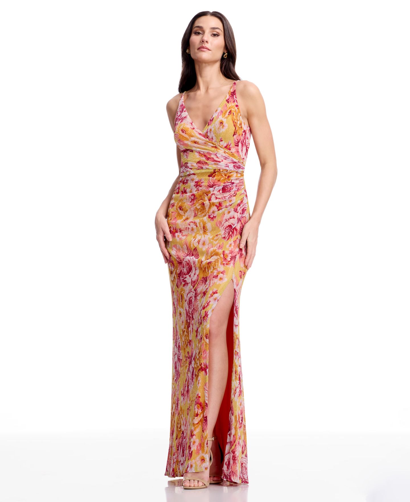 Женское платье Dress the Population Floral Print Ruched Mermaid Gown, цвет: Золотой мглистый разноцветный — фото 1