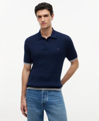 Men's Cable Knitted Short-Sleeve Sweater Polo Shirt
