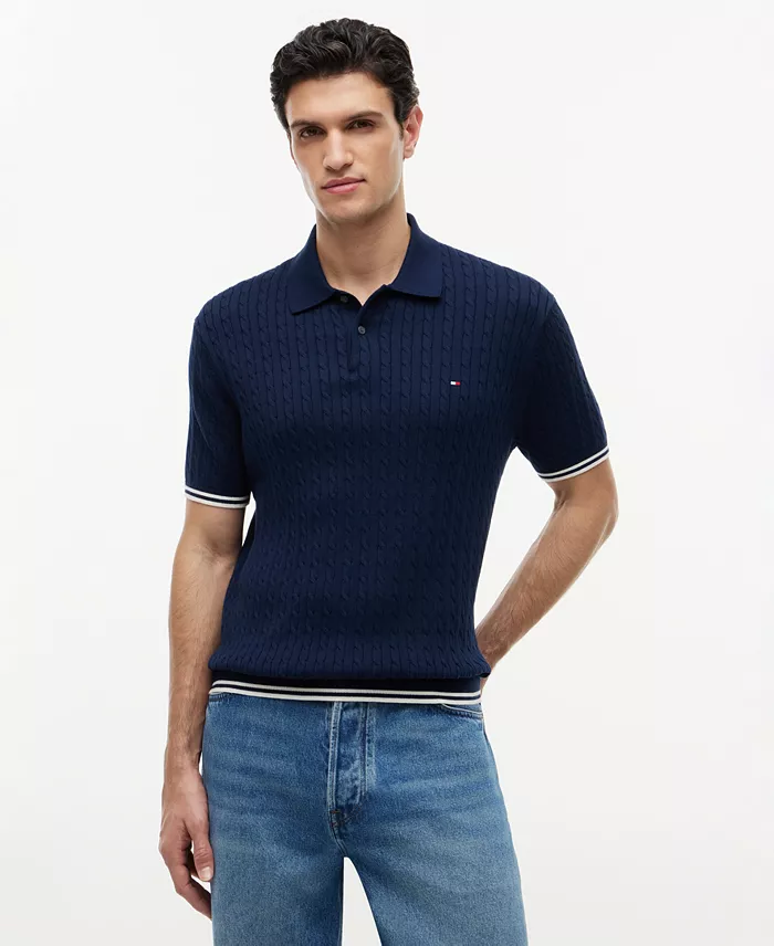 Men's Cable Knitted Short-Sleeve Sweater Polo Shirt - thumbnail 5