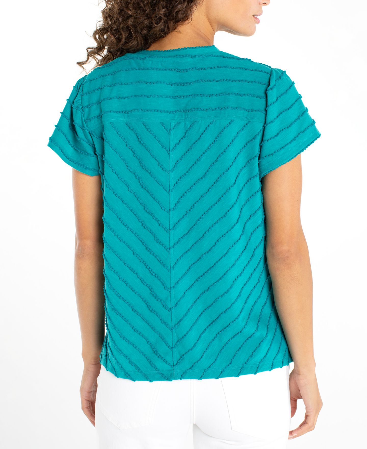 Женский топ Liverpool Los Angeles Petite V-Neck Scalloped Stripe Top, цвет: Бирюзовый — фото 3