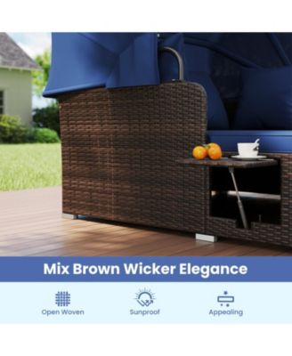 Outdoor Rattan Daybed with Retractable Canopy and Side Tables