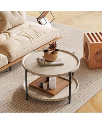 Wooden Round Coffee Table for Living Room, Wood Desktop and Sturdy Metal Legs, 2 Tier Circle Coffee Table
