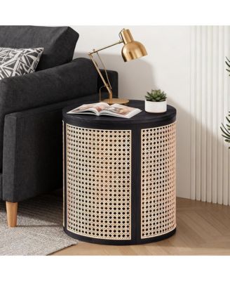 Round Solid Wood Nightstand, Hollow Woven Bedside Table, Compact Accent End Table for Living Room, Bedroom, Home Office
