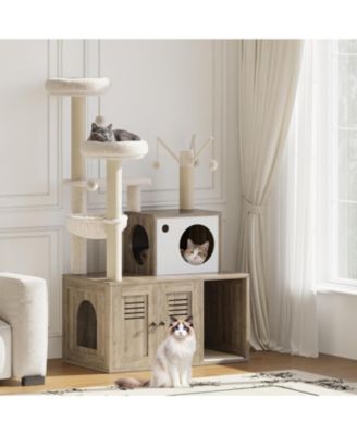 Litter Box Enclosure with Tree Tower and Condo, Wooden Cat Tower with Scratching Posts, Cat Hammock, Hidden Litter Box Furniture, Wooden
