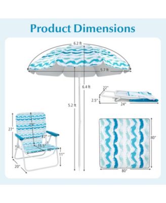 4-Piece Beach Umbrella Set with Two Foldable Chairs UPF 50+ Canopy and Picnic Blanket