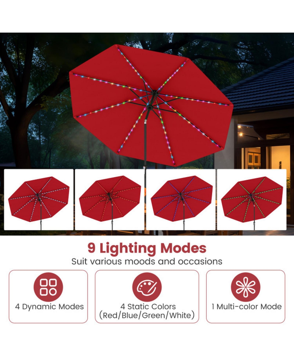 Gouun 10 ft Solar Patio Umbrella with 96 Flowing Led Lights and Push-Button Tilt