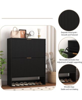 Fluted Shoe Cabinet with 2 Flip Drawers, Open Shelf and Side Hooks, Slim Entryway Storage for Hallway or Foyer