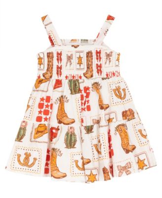 Rare Editions Girls' 2T-6X Western Printed Woven Romper Dress with Smocking