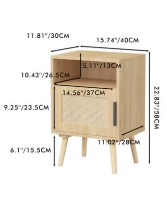 Oak Rattan Nightstand with Door and Open Shelf - Solid Wood Legs Accent End Table