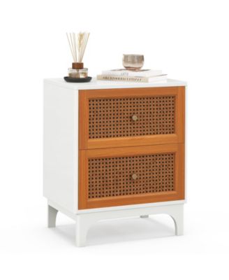 Boho Accent Table Nightstand with 2 Handwoven Rattan Decorated Drawers