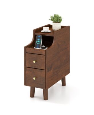 Solid Wood End Table Narrow Bedside Table with Pull-out Tray and 2 Storage Drawers