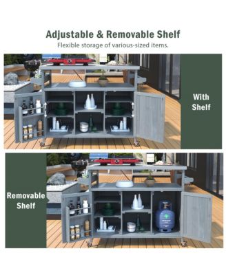Outdoor Kitchen Island and Rolling Bar Cart, Farmhouse Solid Wood Grill Table with Stainless Steel Top, Spice Rack and Towel Rack