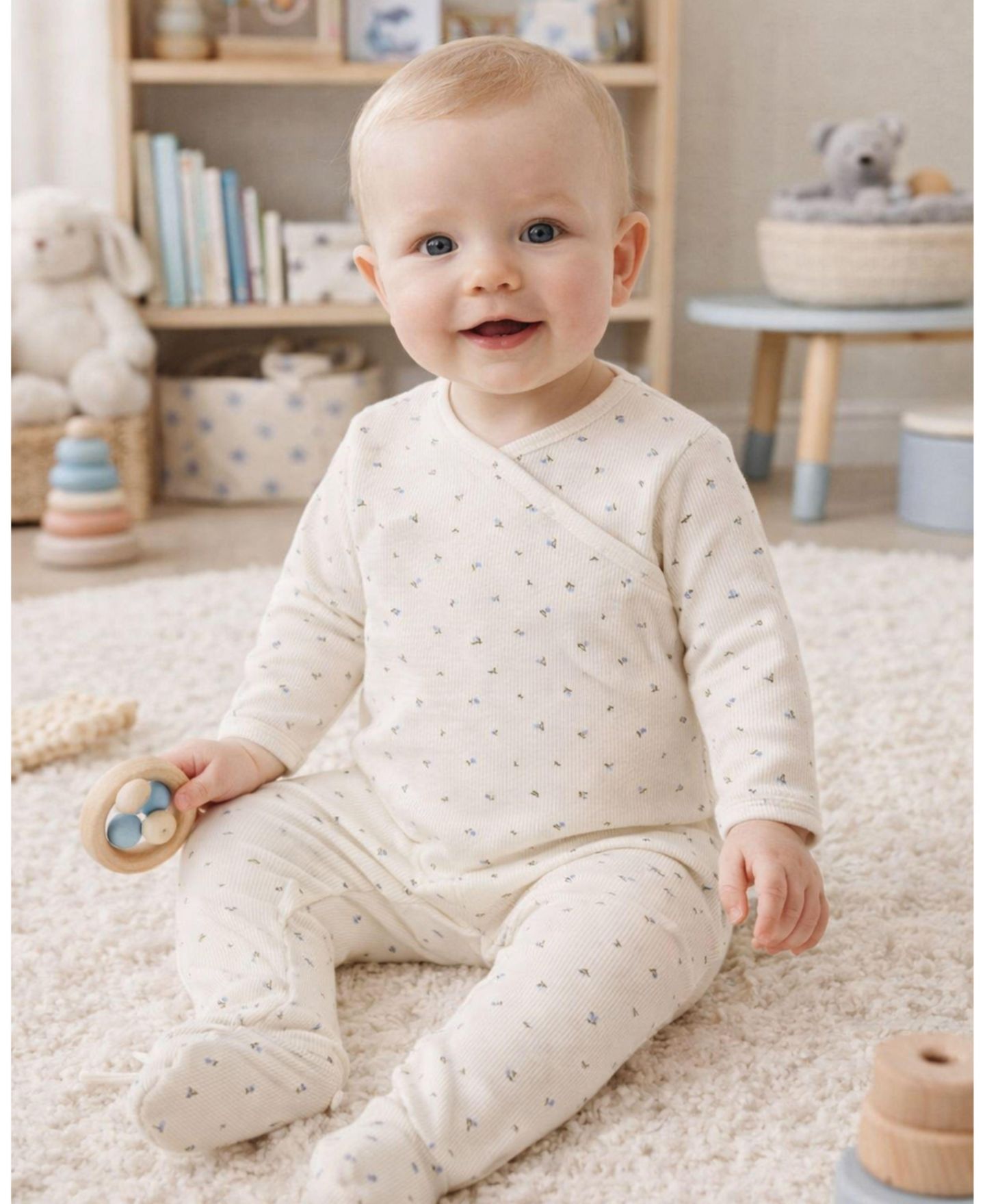 MeMoi Baby Girls "Sprigs Have Sprung" Mini-Rib Rayon-Blend Crossover-Neck Footie, цвет: Синий — фото 3