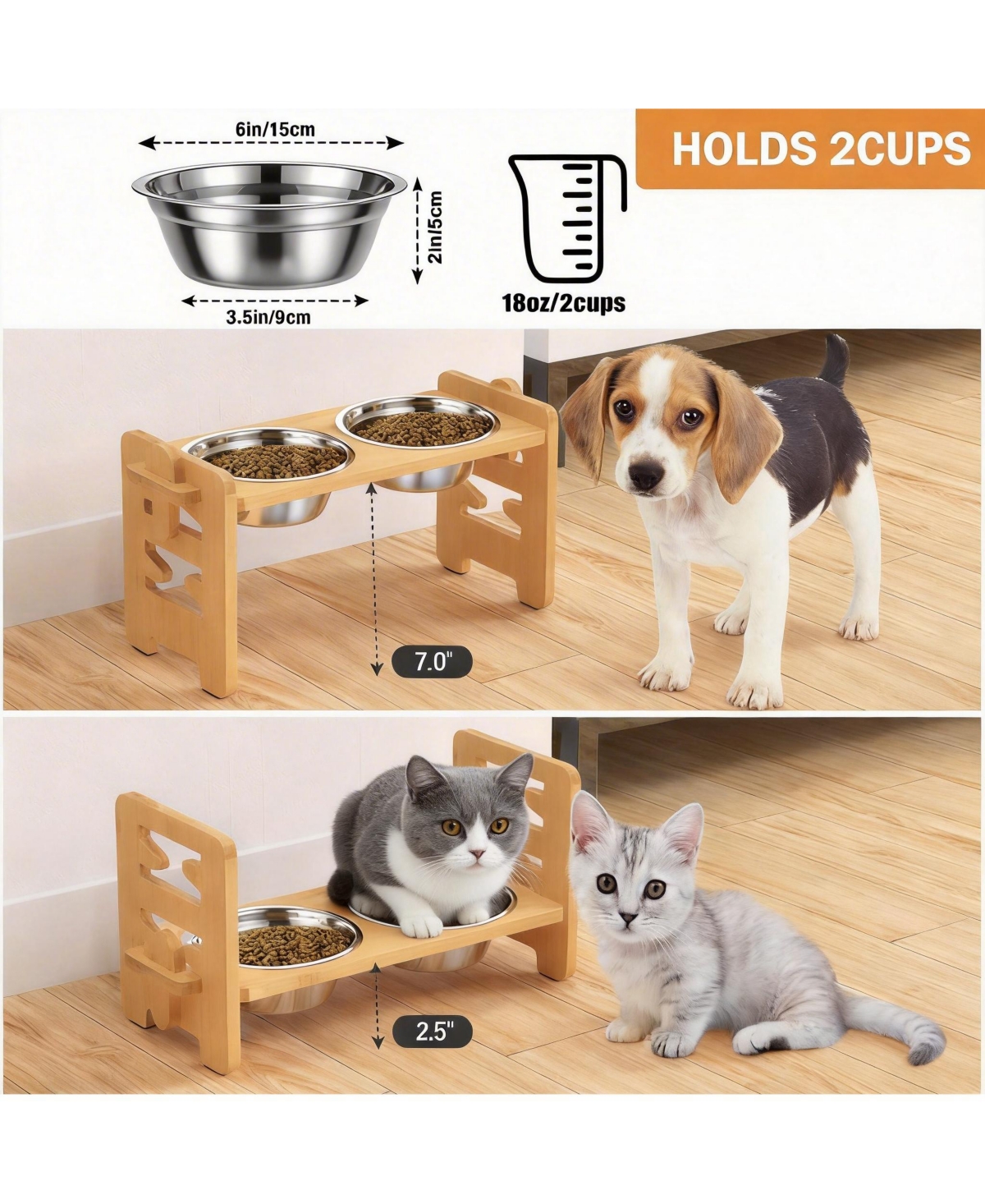 Aronkl Adjustable Elevated Dog Cat Bowl Stand Heights Tilt Foldable with 2 Stainless Steel Dishes