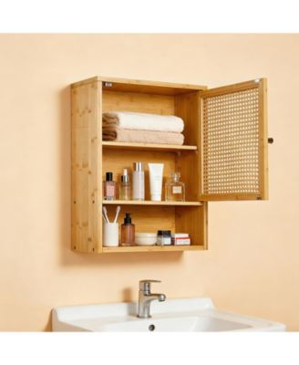 Bathroom Wall Cabinet, Wood Rattan Storage with 3-Tier Shelves and Doors, Medicine Cabinet, Holds 33lbs for Bathroom, Laundry Room
