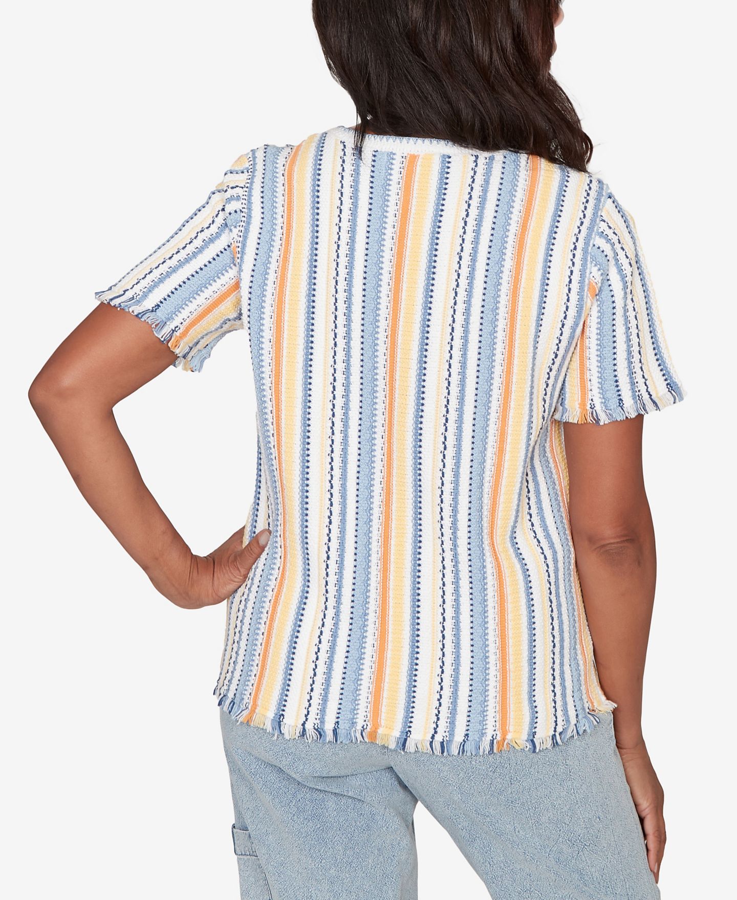 Женская футболка Alfred Dunner Out of the Blue Textured Fringe Stripe Short-Sleeve, цвет: Синий разноцветный — фото 5