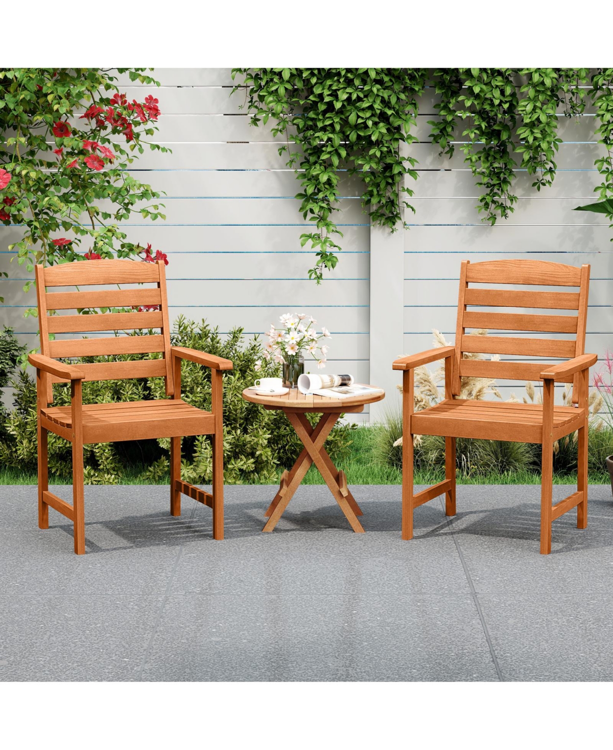 Sugift Outdoor Wooden Dining Chairs with Inclined Backrests and Slatted Seats