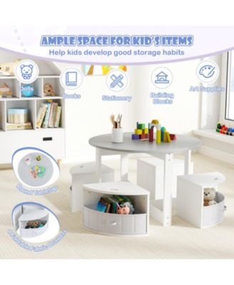 5-Piece Kids Round Nesting Table Set with 4 Storage Stools