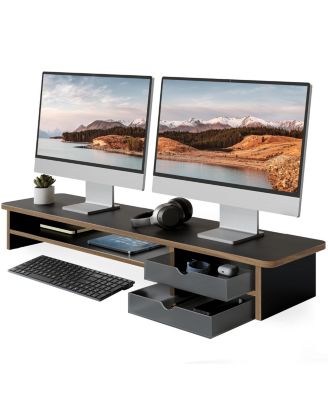 Monitor Stand Dual Riser Wood Desk Organizer