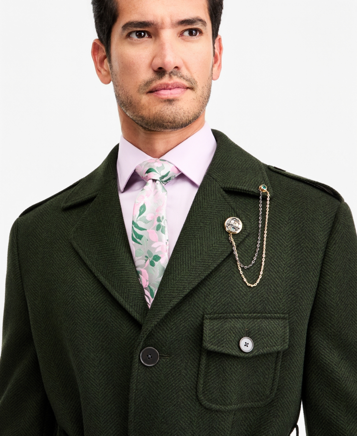 Tayion Collection Men's Classic-Fit Green Herringbone Overcoat