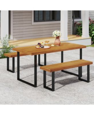 Set of 2 Acacia Wood Outdoor Dining Benches 48 Inch with Sturdy Metal Legs