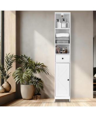 Tall Bathroom Storage Cabinet, 3-Tier Skinny Freestanding Organizer with Doors & Open Shelves for Bathroom or Kitchen