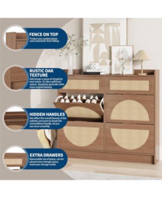 Rattan Shoe Cabinet with Adjustable Shelves and Metal Handles, Narrow Entryway Storage